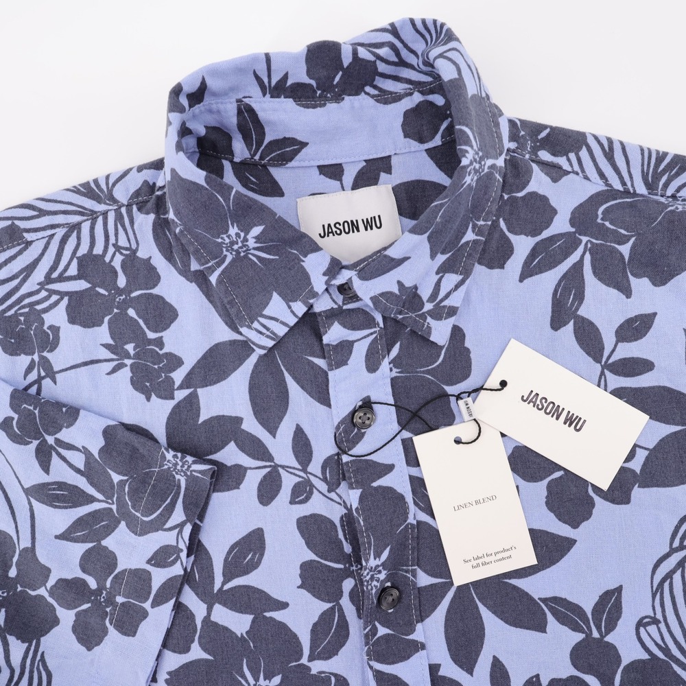 NEW Jason Wu Linen Blend Floral Print Button Down Shirt Blue Short Sleeve Mens M